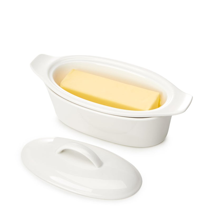Better Butter طبق زبدة مع غطاء لسطح الطاولة - بورسلين أبيض، 3 قطع طبق زبدة كبير مع غطاء، حاوية حفظ الزبدة مع خط الماء مثالية للتخزين اليومي، حامل زبدة مع مقبض - لتزيين المطبخ - Image 1